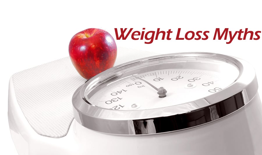Time for dieting: red apple on white scale